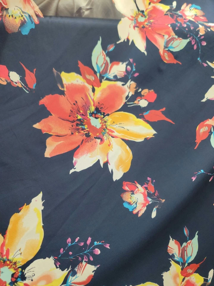 Navy Blue Chiffon Fabric By The Yard Multi Color Floral Red Yellow - Image 2 of 4