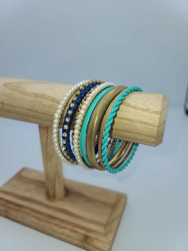 8 Pc Stacking Golden Bangle Bracelet Set Rhinestones, Pearls, Turquoise, & Navy - Picture 3 of 5
