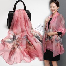 100 Silk Scarf Women Neckerchief Shawl Wrap Thin Floral Pink Red Blue Green