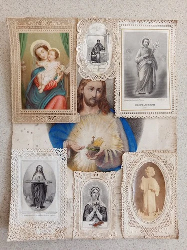 late 19th composition 6 pious images scissors St-Joseph St-Dominique Ste Eugénie