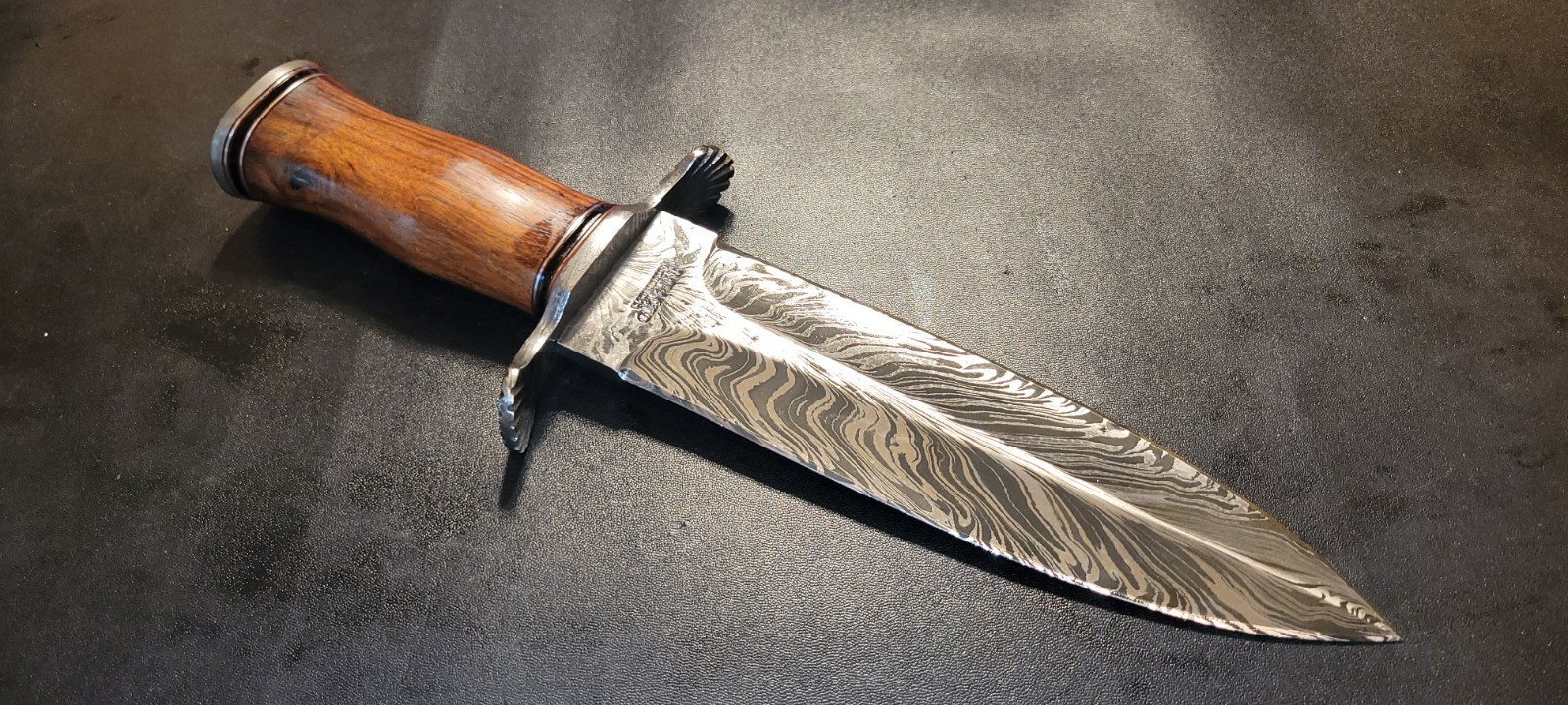 IMPACT CUTLERY CUSTOM FEATHER DAMASCUS DAGGER KNIFE BURL WOOD HANDLE- 2237