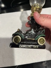 Vtg Old Timers Auto Oil Lamp 1913 Cadillac Miniature Ceramic with Glass Chimney