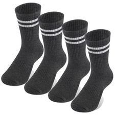 Kids Boys Crew Socks - 4 Pack Ribbed Towel Bottom Hiking Medium Striped Grey