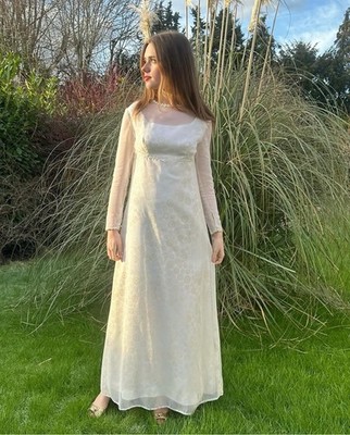 60er Vintage Damen langes transparentes transparentes Satin Gänseblümchen cremeweiß Brautkleid Retro