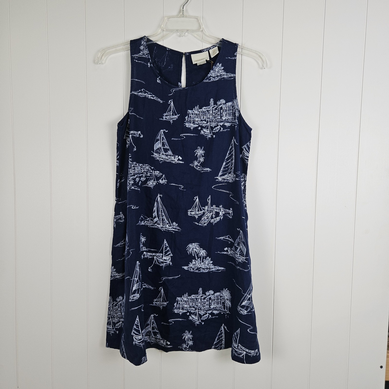 Cynthia Rowley Linen Dress Womens Sleeveless Swing Nautical Blue White Coastal M