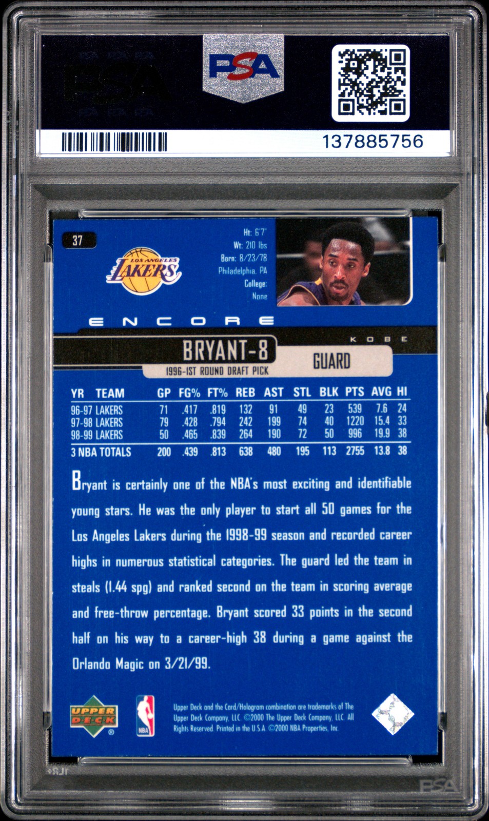 1999 UD ENCORE #37 KOBE BRYANT PSA 10 view 2