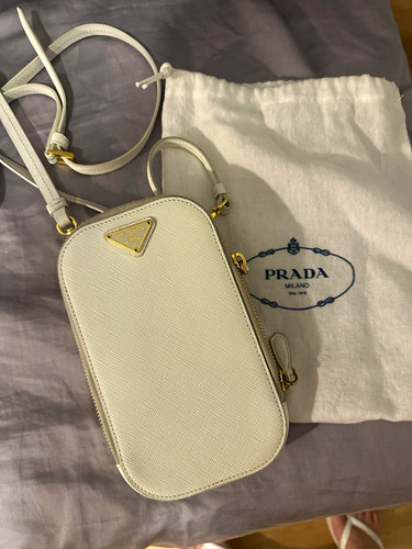 PRADA White Saffiano Leather Phone Case Bag Zip Dust Bag