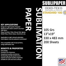 SUBLIPAPER 200 Sh 13”x19” Dye Sublimation Heat Transfer Paper Mug, Poly-Cotton