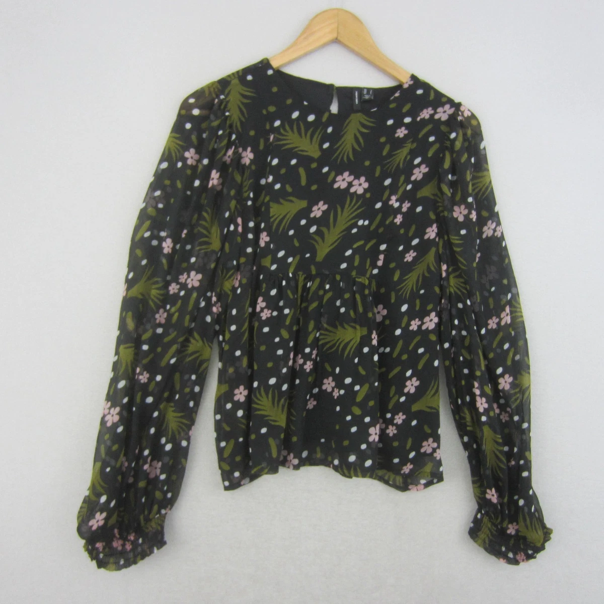 Vero Moda Top Womens S Black Pink Floral Long Sleeve Peplum Round Neck Boho