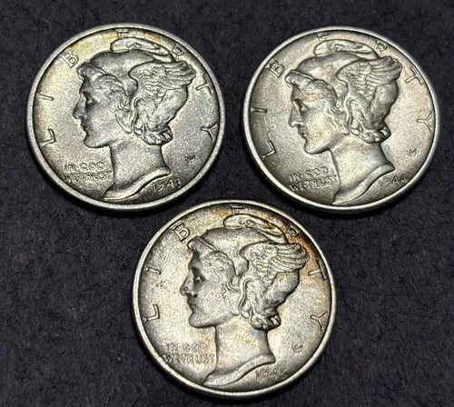 1943-P 1944-P 1945-P  Mercury Dime - AU - Unc - 90% Silver - 3 Coin Lot