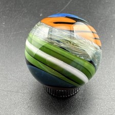 Contemporary Handmade Art Glass Marble .97" Swirls, Spots, Green Orange Blue MIB