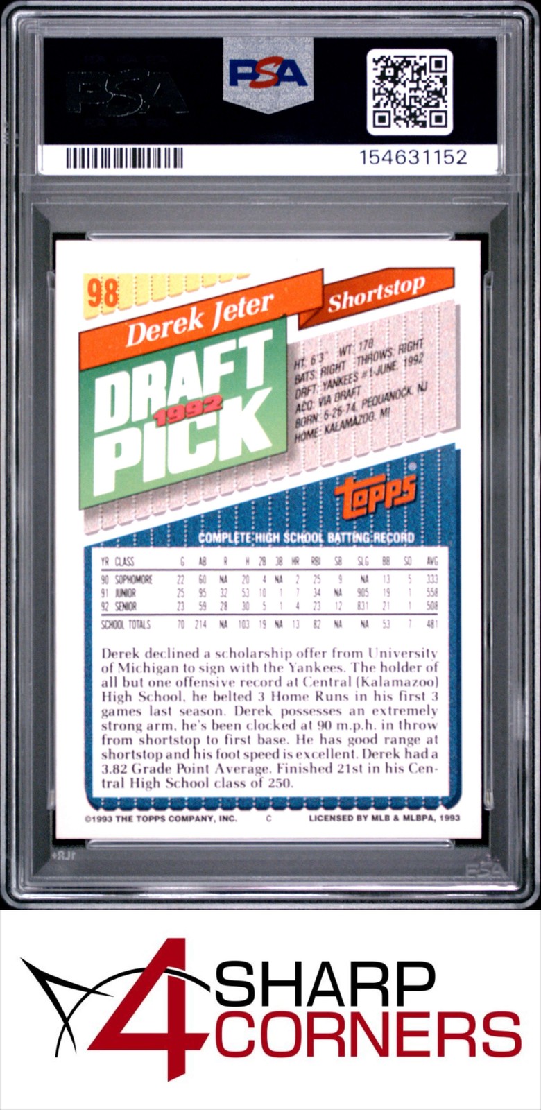 1993 TOPPS #98 DEREK JETER RC YANKEES HOF PSA 9 view 2