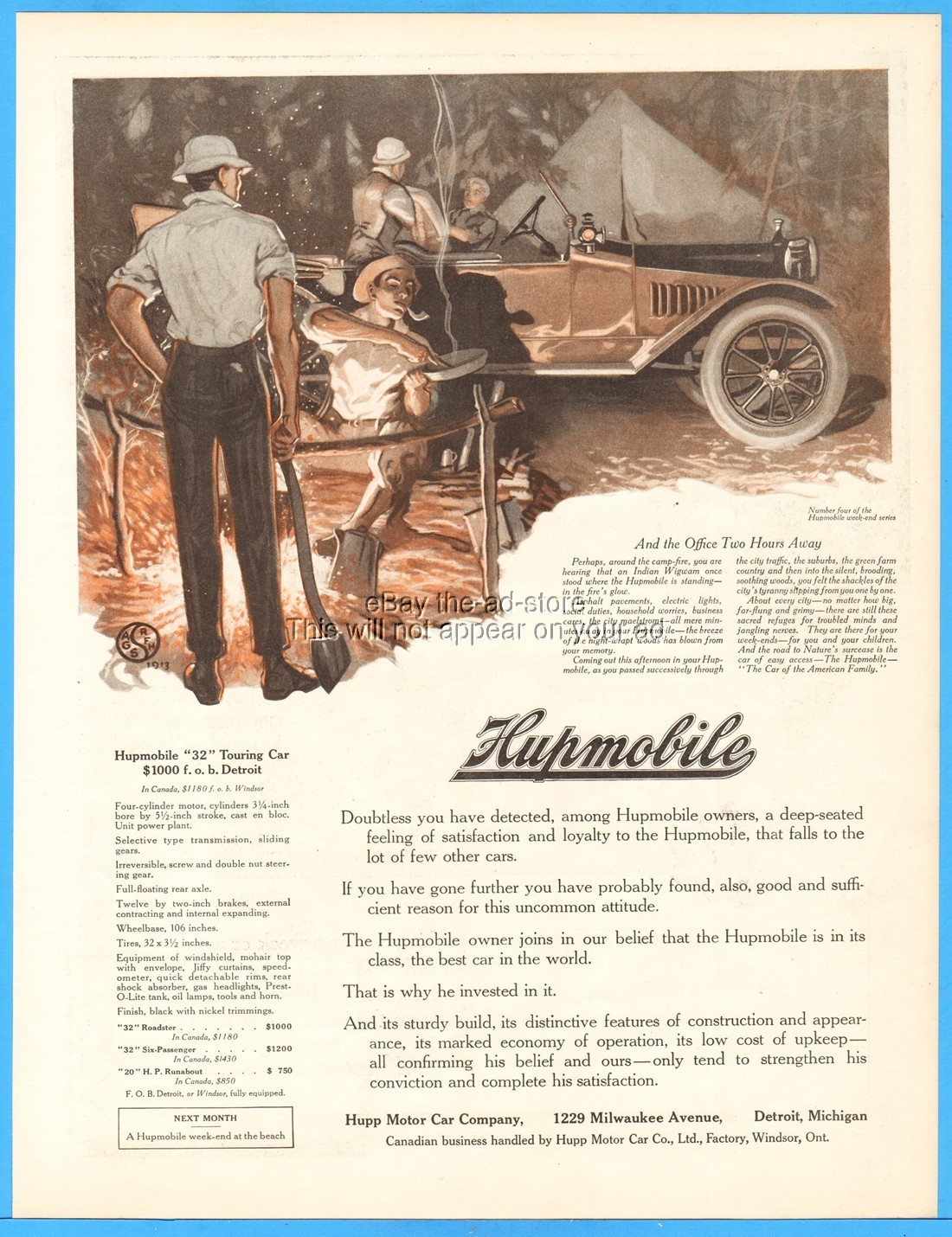 1913 Hupmobile 32 Touring Hupp Motor Car Detroit MI Ad Automobile Men Camping