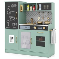 Play Kitchen Toy Set w/ Chalkboard Oven Sink Curtain Microwave Water Dispenser