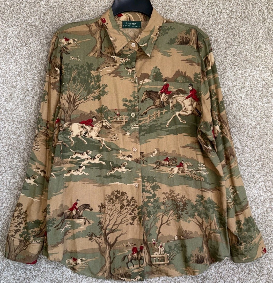 Lauren Ralph Lauren Womens Size Large Equestrian Horse Fox Hunt Button Up Shirt