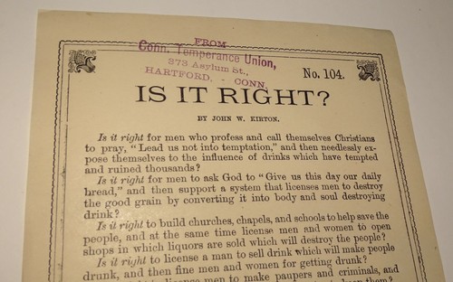 Connecticut Temperance Union Handbill (Is It Right? by John W. Kirton) ca. 1890s - Picture 2 of 3