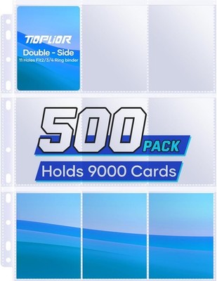 500 Pack Trading Card Sleeve Pages,9 Pockets Double Sided Binder Sheets for 3