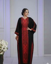 Authentic Black Palestinian Heritage Thobe Deep Red Embroidery One Size
