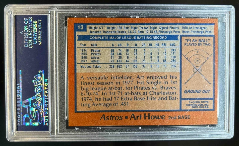 1978 Topps Art Howe Rookie RC #13 Astros PSA 9 - Image 2 of 2