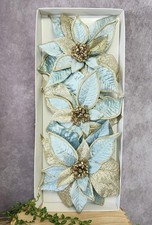 Blue Silver Glitter Flower Ornaments Clip On Tree Decor 7" Christmas 3 Pc NEW