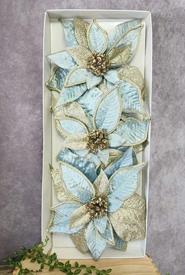 Blue Silver Glitter Flower Ornaments Clip On Tree Decor 7'' Christmas 3 Pc NEW