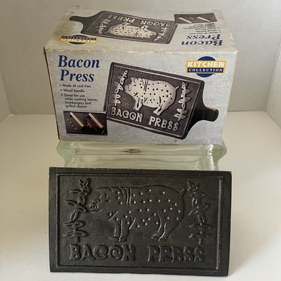 Bacon Press Cast Iron Kitchen Collection New in box 2006 Wood Handle Vintage
