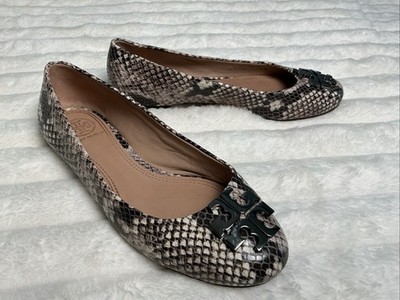 Tory Burch Reva Ballet Flats Size 6 Snake Print Logo Medallion Leather