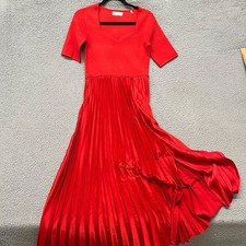 Elie Tahari Dress Womens M Red Satin Accordion Skirt Midi Sweatheart Neckline