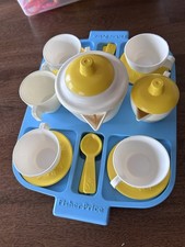 Vintage 1982 Fisher Price Tea Set Blue Tray Floral White Yellow Plate Full Set