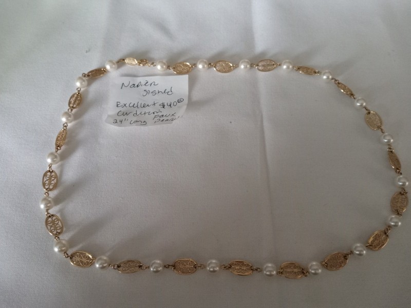 24” Vintage Napier Necklace Gold Tone Faux Pearls Fancy Link