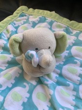 Carters green/blue/gray elephant baby lovey security blanket plush 13" x 13  