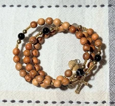 Vtg 1830 Mary w/o Sin Pray For Us & Crucifix Charms Wood Marble Beads Bracelet