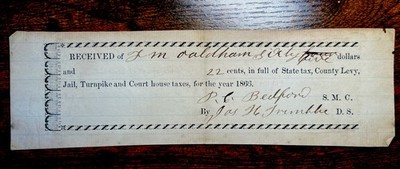  1866 Tax Receipt Jail Turnpike Court House Levy 22¢