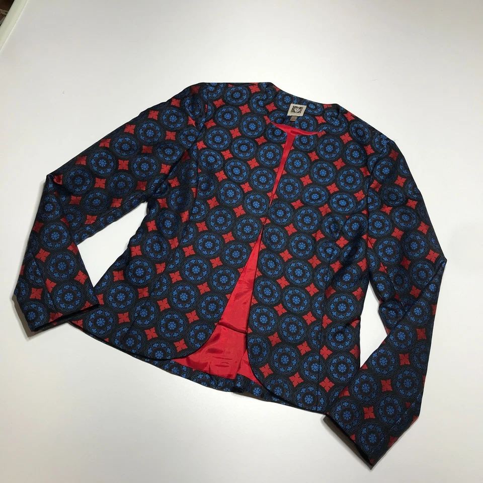 Blazer Anne Klein Mujer 4 Jacquard Azul y Rojo Forrado Único Precioso Frente Abierto Foto 2 de 4