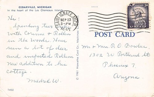 Postcard MI: Cedarville, Michigan, Downtown, Posted 1961 - 第 2/2 張圖片