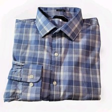 TOMMY HILFIGER SZ L 16 1/2 Stretch Slim Fit Shirt Mens Long Sleeve Plaid Blue