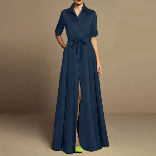 Robe maxi chemise boutonnée col V femme Royaume-Uni manches courtes OL robes longues - Photo 8/18