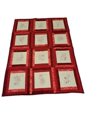 Handcrafted Patchwork Lap Quilt Throw Flowers Of The Month Red Work Signed 50×67