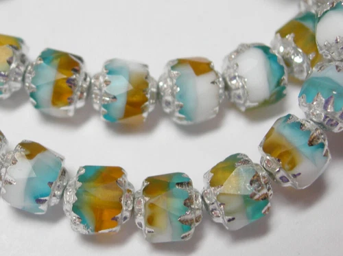 15 Capri Blue Gold White Silver Cathedral Czech Glass 8mm beads