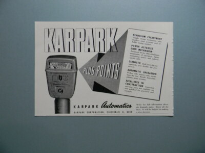 1945 KARPARK AUTOMATICS PARKING METERS ''PLUS POINTS'' SALES ART AD