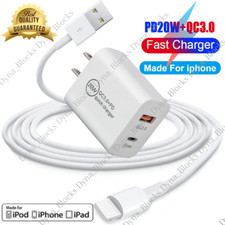 QC 3.0 Fast Wall Charger 20W Dual PD Power Adapter USB Cable For iPhone 7 8 14 X
