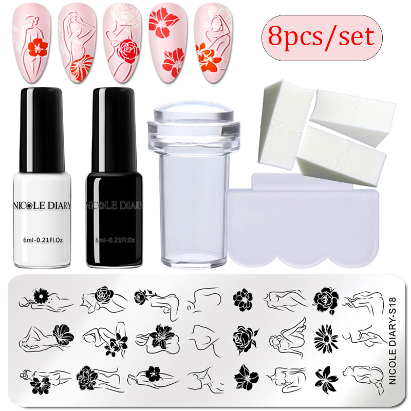 NICOLE DIARY Stamping Polish W/ Stamping Plate Stamper Scraper Sponge Nail Kits