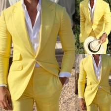 Yellow Linen Men's Suit Jacket Pants Wide Peak Lapel Wedding Groom Wear Blazer