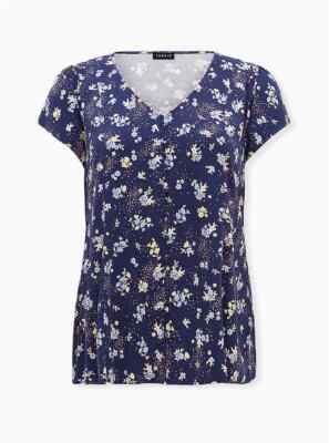 Torrid Floral Stretch Challis Corset Back Blouse Faux Button Navy