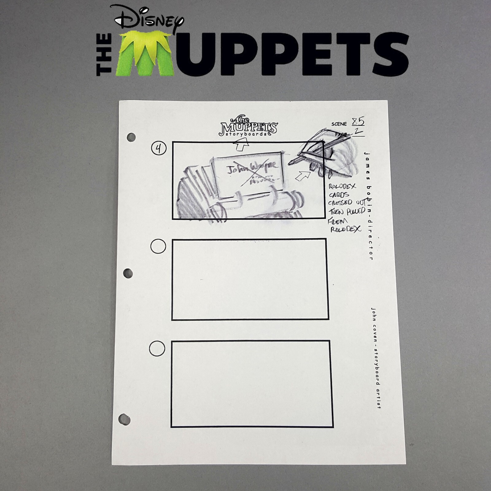 The Muppets (2011) - Production Used Storyboard, Kermit at the Rolodex, COA