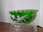  Vint. Chinese Pecking Glass Mini Green Bowl W/ White Overlay Of Birds Flowers
