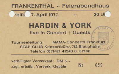 Hardin & York - Frankenthal, April 7, 1972 [Germany] - Ticket Stub