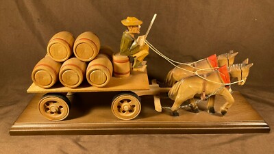 Vintage German Hand Carved Horse Drawn Beer Wagon 16 1/2'' Long Bar Mancave Decor