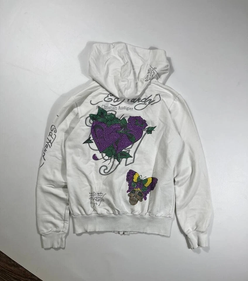 Vintage y2k Don Ed Hary Christian Audigier Roses & Hearts & Butterfly White Zip Foto 2 de 4