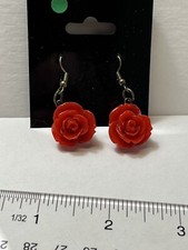 Red Rose Dangle Earrings Allergy Free Posts Resin Crafted In USA